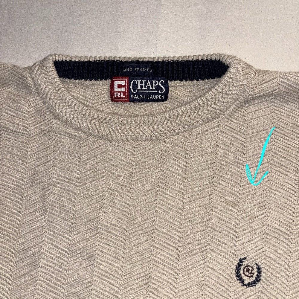 Vintage Chaps Ralph Lauren Sweater Men XL Beige Cream Herringbone Knit Crewneck - Picture 9 of 11